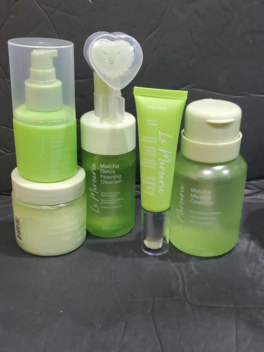 5piece green matcha infused foam, melting & miceller cleansers and serums new